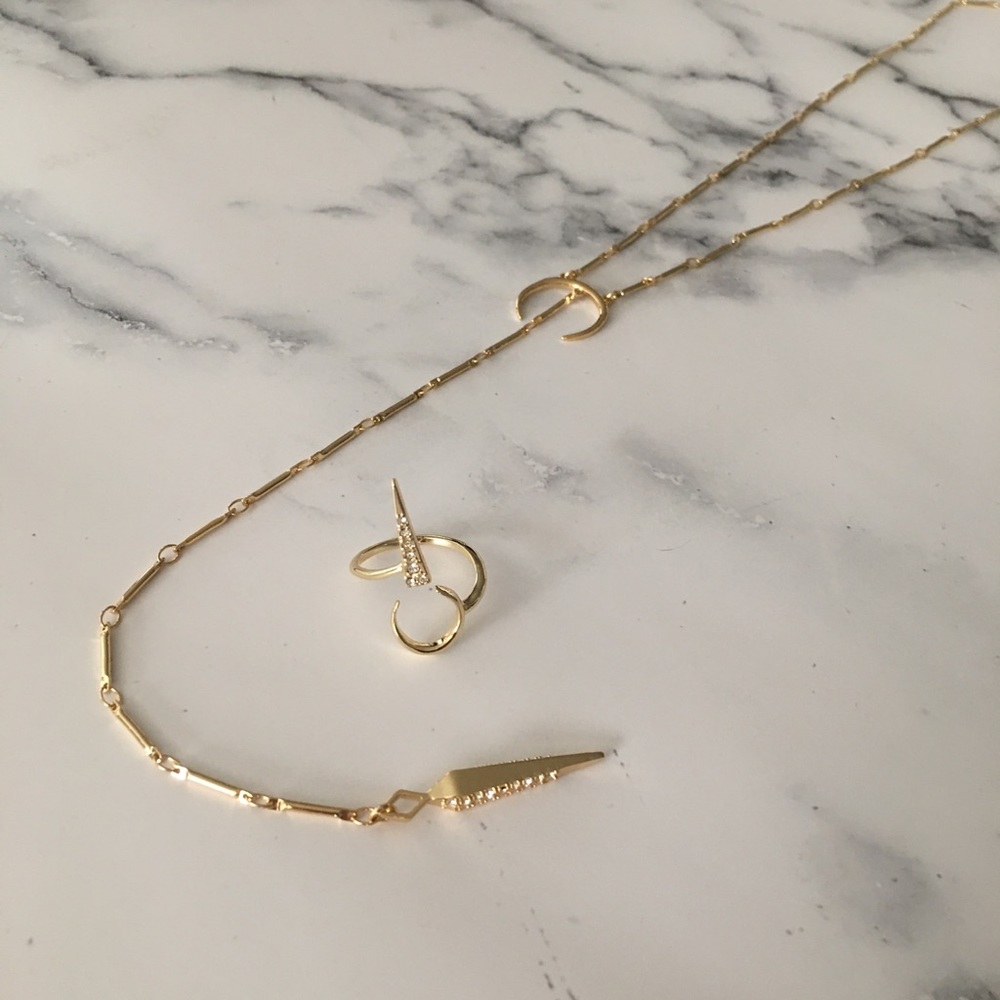 Luv AJ pave moon and tusk ring and necklace set